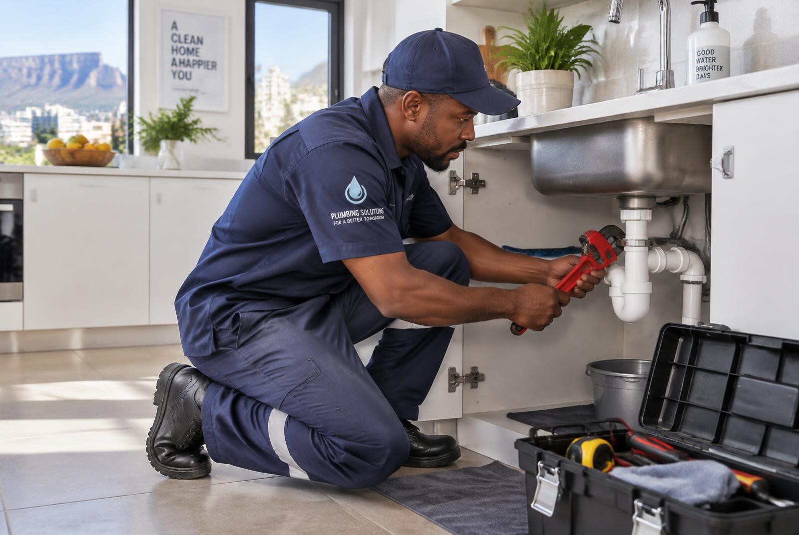Aurek Plumbing technician repairing pipework under a kitchen sink