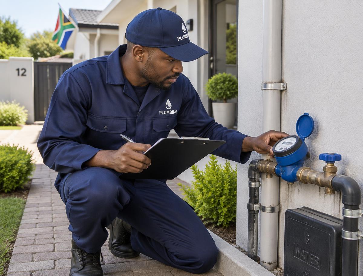 Aurek Plumbing technician checking a water meter during a maintenance visit